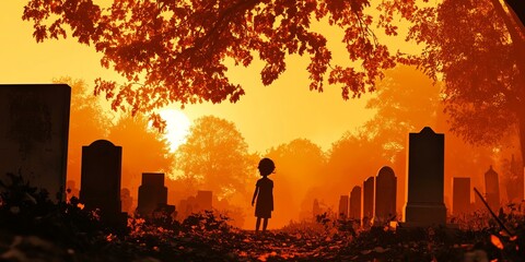 Silhouette of a girl in a graveyard at sunset.