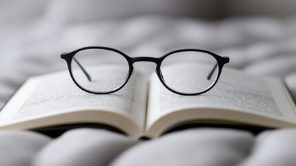 Close-up of black eyeglasses placed on an open book with blurred background, focusing on the glasses and book pages.