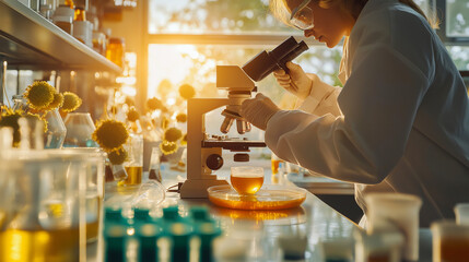 Scientist in lab coat examining bacteria samples in petri dish under microscope, symbolizing disease research in scientific laboratory.