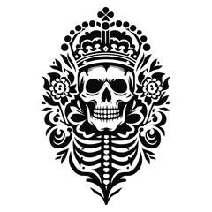 Fototapeta premium king skeleton with folk art decoration in black and white illustrations, cutout graphic