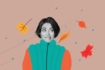 Composite photo collage of upset girl bite lips cold windy weather cyclone autumn forecast dry...