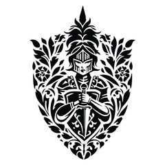 Obraz premium knight female with folk art decoration in black and white illustrations, cutout graphic