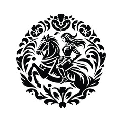 Fototapeta premium knight riding horse female with folk art decoration in black and white illustrations, cutout graphic