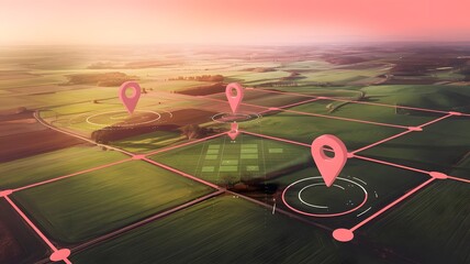 Aerial View of Farmland with Location Pins and Grid