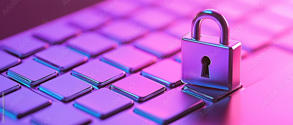 Poster a vibrant close-up of a secure lock placed on a keyboard, symbolizing digital security and data prot