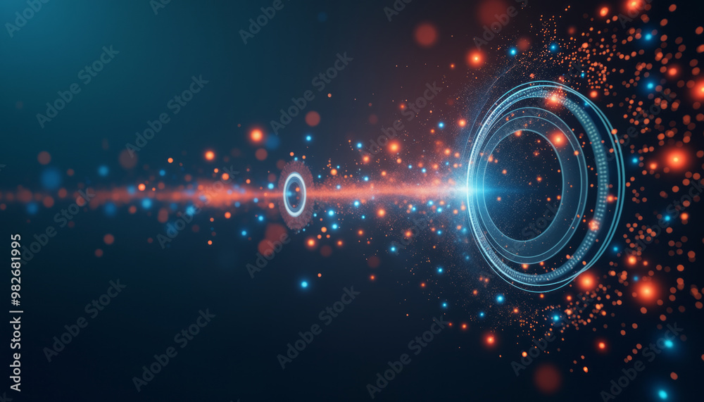 Poster tech-themed materials feature glowing blue and red circles and dots, creating depth and movement on 