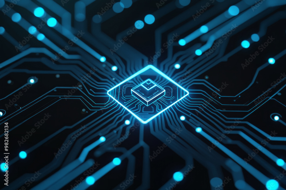 Poster a circuit board with a prominent blue light on a black background, symbolizing the integration of bl