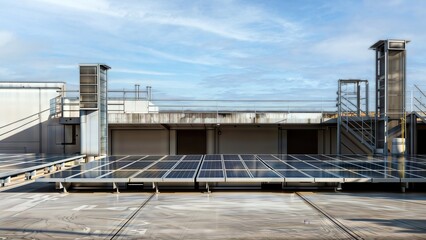 Fototapeta premium Commercial Solar Array. Sleek solar panel installation on modern industrial building rooftop with elevator shafts and blue sky backdrop.