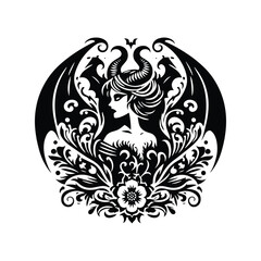 Obraz premium lady with horn and bat wing horror inside folk art decoration in black and white illustrations, cutout graphic