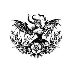 Fototapeta premium lady with horn and bat wing horror inside folk art decoration in black and white illustrations, cutout graphic