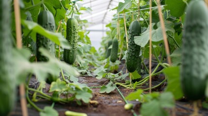 A thriving greenhouse with fresh cucumbers of varying sizes hanging from racks, ready for harvest. Healthy plants in optimal growing conditions under a transparent plastic film.
