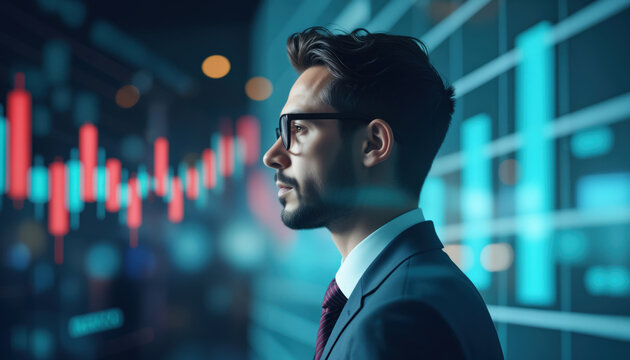Businessman Analyzing Stock Data in High-Tech Environment: A businessman analyzing stock data in a high-tech environment, representing real-time market analysis and decision-making.