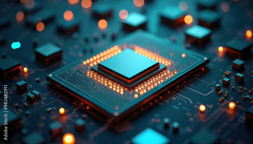 Poster glowing microchip on circuit board: a glowing microchip on a circuit board, symbolizing advanced com