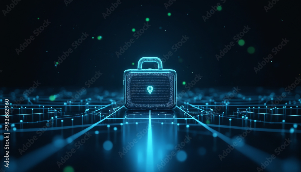 Poster secure briefcase icon with network security: a briefcase icon integrated within a digital network, r