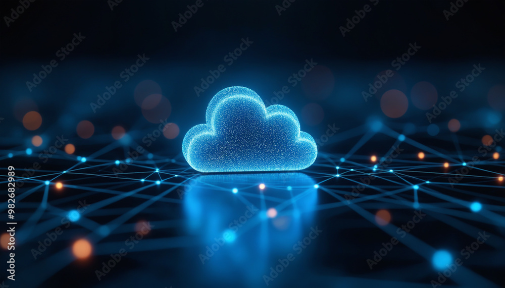 Poster cloud icon with network connectivity: a cloud icon integrated within a digital network, representing