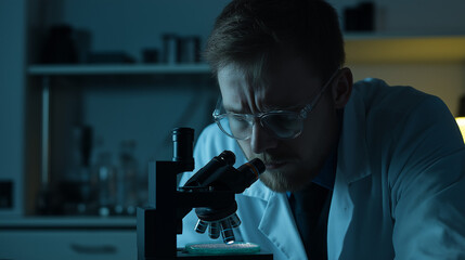 Scientist in lab coat examining bacteria samples in petri dish under microscope, symbolizing disease research in scientific laboratory.