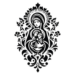 mother marry with folk art decoration in black and white illustrations, cutout graphic