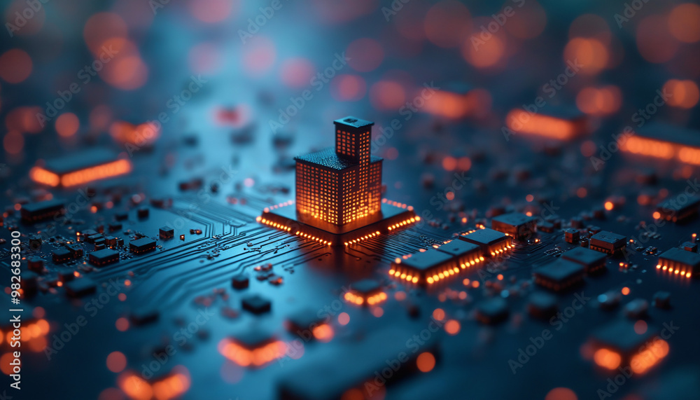 Poster circuit board with a small building on top. the blurred background and lights create a futuristic te