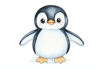 Obraz premium Adorable cartoon penguin character with big eyes, standing on ice, perfect for children's books and educational materials.