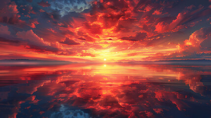 Red sky reflection on a calm evening, vector illustration