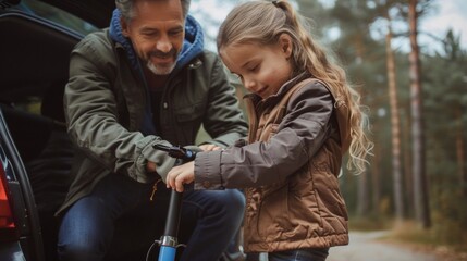 Obraz premium Man with grey hair, navy jacket kneels next to a girl with blonde hair, red bows, in a forest. Girl holds scooter.