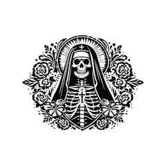nun skeleton with folk art decoration in black and white illustrations, cutout graphic