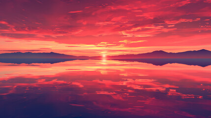Obraz premium Red sky reflection on a calm evening, vector illustration