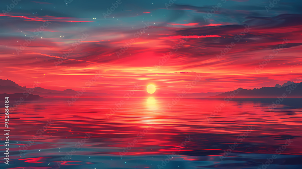 Wall mural red sky reflection on a calm evening, vector illustration