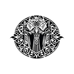 odin nordic god with folk art decoration in black and white illustrations, cutout graphic