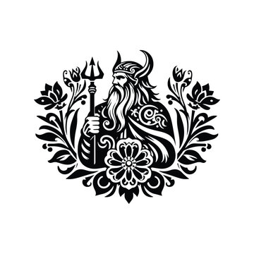 recommend clip art: odin nordic god with folk art decoration in black and white illustrations, cutout graphic