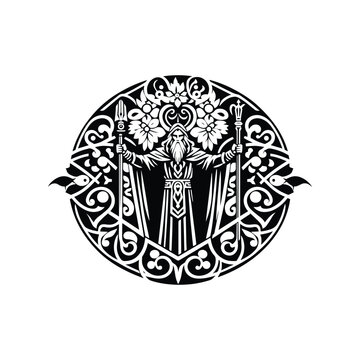 recommend clip art: odin nordic god with folk art decoration in black and white illustrations, cutout graphic