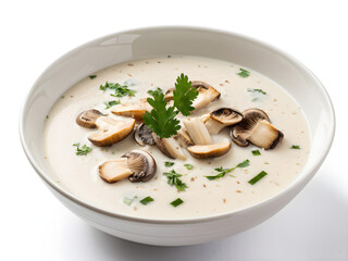 mushroom soup in white bowl isolated white background with clipping path, full hd
