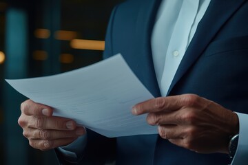 Businessman holding document in office, showcasing professionalism and focus on important paperwork.