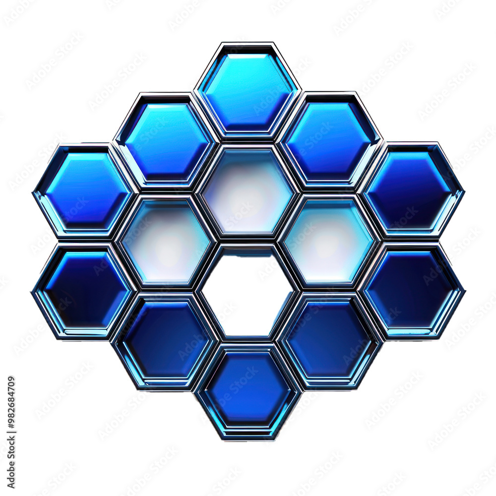 Poster metallic blue hexagons forming a technological pattern with empty spaces