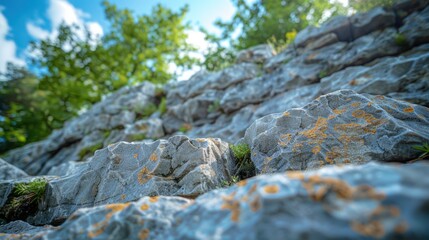 A close-up perspective of uniquely weathered rocks with patches of orange lichen in a rugged natural setting under a clear blue sky and sunlight