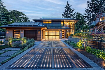 Naklejka premium Solar-powered driveway. A modern luxury house with solar panels on the driveway and garage door, illuminated at night.