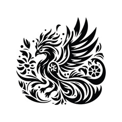 Phoenix with folk art decoration in black and white illustrations, cutout graphic