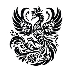 Phoenix with folk art decoration in black and white illustrations, cutout graphic