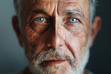 A close-up portrait of a person with distinctive blue eyes