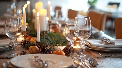 A beautifully set dining table adorned with candles and seasonal decor, perfect for holiday gatherings and festive celebrations.