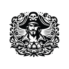Fototapeta premium pirate male with folk art decoration in black and white illustrations, cutout graphic