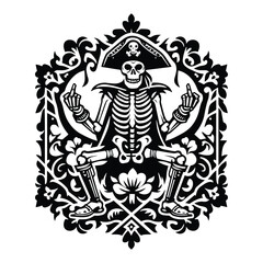 Obraz premium pirate skeleton with folk art decoration in black and white illustrations, cutout graphic