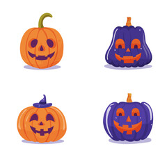 Set of Pumpkin on white background. Symbol of Halloween holiday. Orange and violet pumpkins with smile for design. Vector illustration.