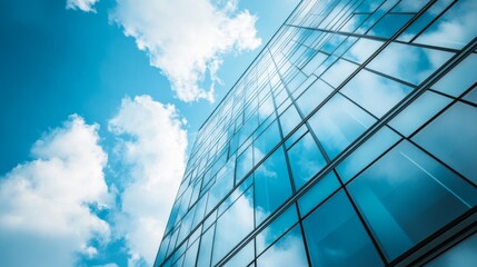 Obraz premium A fragment of a modern office building in the capital .glass buildings with cloudy blue sky background .modern office building