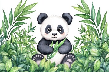 Obraz premium Cute panda sitting among lush green bamboo, munching on leaves in a vibrant, playful environment.