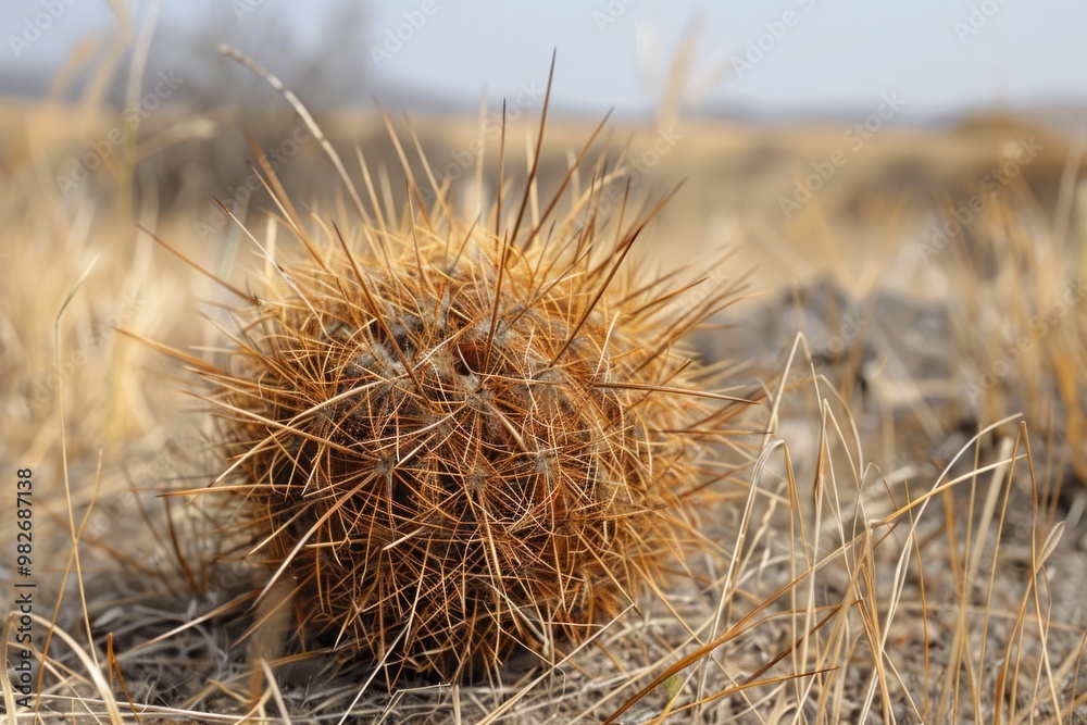 Poster a close-up shot of a prickly pear cactus growing in a desert field