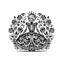 Fototapeta premium princess skeleton with folk art decoration in black and white illustrations, cutout graphic