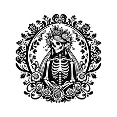 princess skeleton with folk art decoration in black and white illustrations, cutout graphic