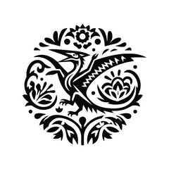 Obraz premium Pteranodon with folk art decoration in black and white illustrations, cutout graphic