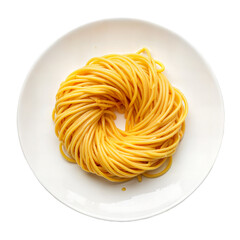 Twirled spaghetti on a white plate isolated on transparent background